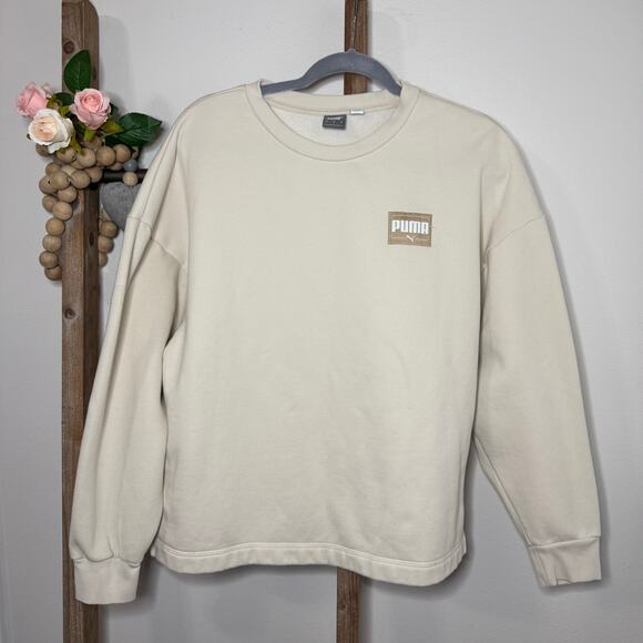 Puma Long Sleeve Cream Fleece Crew Neck Sweatshirt Size Large - Picture 1 of 8